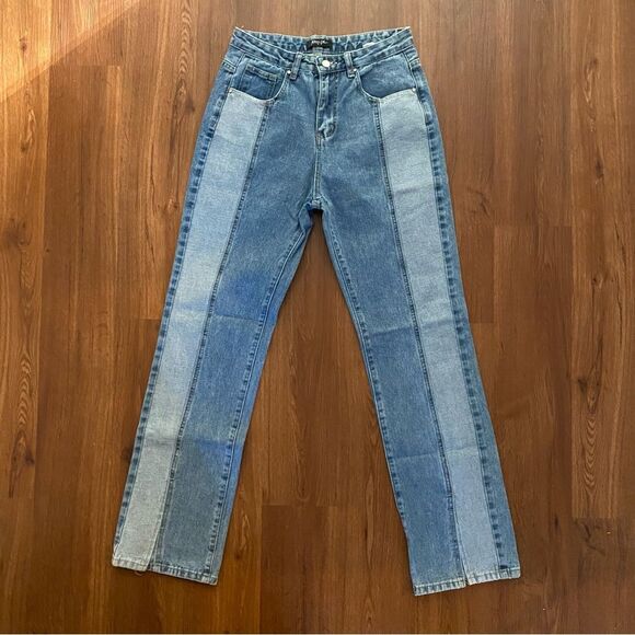 Nasty Gal Jeans Split Hem Color Block Blue Size 6 Flirty Feminine - Picture 7 of 13